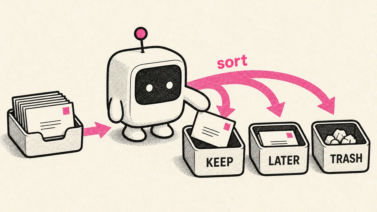 Blip sorts envelopes into three bins labeled KEEP, LATER, and TRASH, with a pink sort arrow