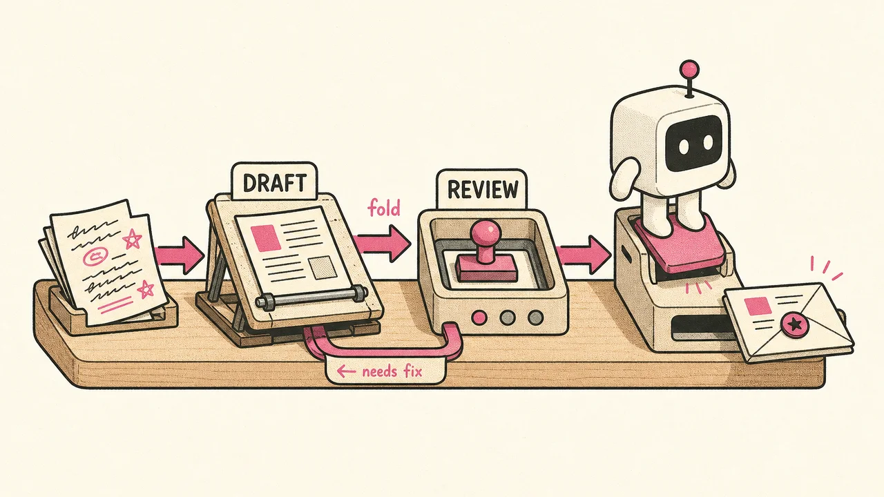 Blip stands on a SEND pedal at the end of a wood newsletter line: DRAFT table, REVIEW stamp, a fold arrow, and a needs-fix return