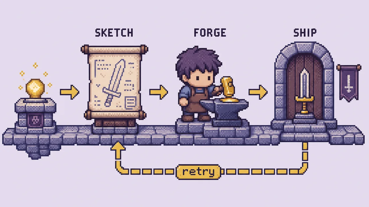 Pixel-art Forge hammers at an anvil on a stone platform: SKETCH scroll, FORGE, SHIP door, and a yellow retry loop