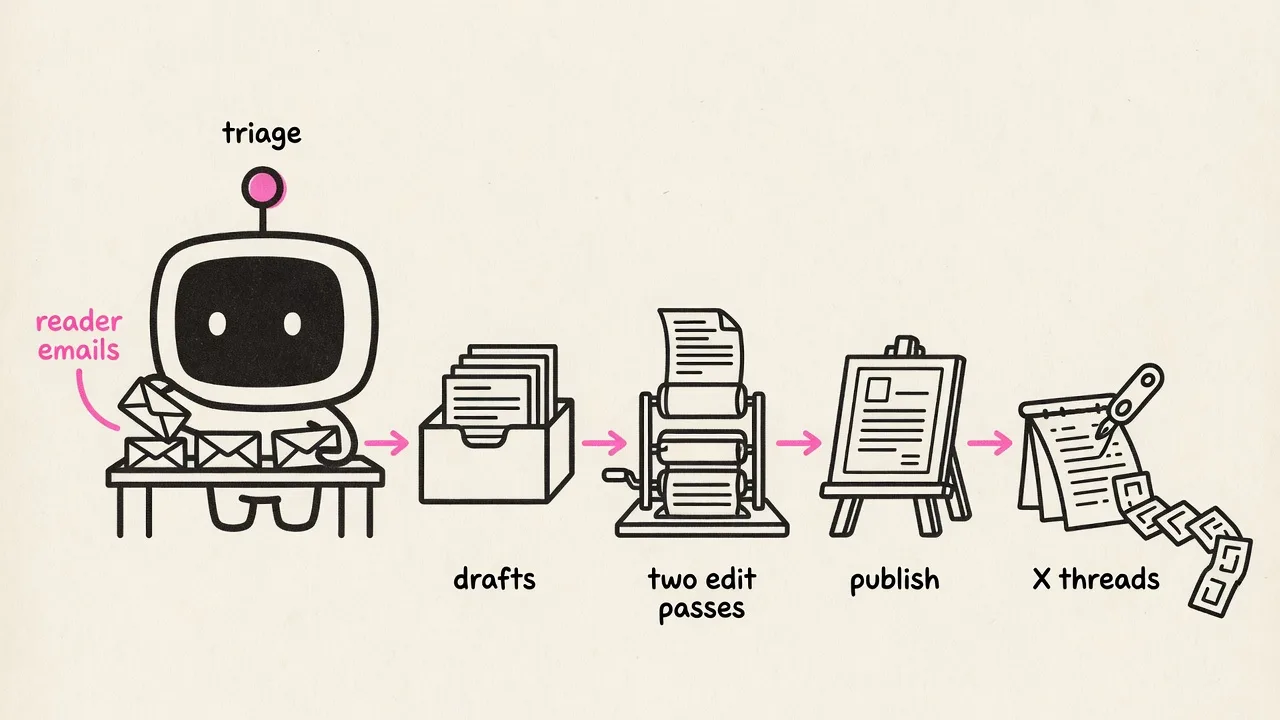 Explainer flow: reader emails move through triage, drafts, two edit passes, publish, and X threads