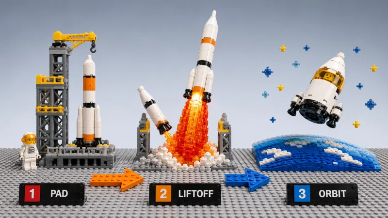 Explainer diagram in bricks look: pad, liftoff, orbit — three big beats on one baseplate