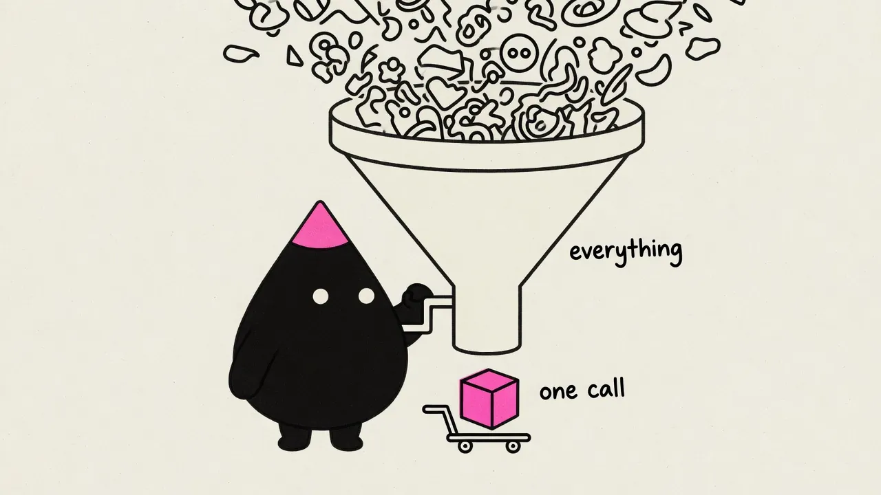 Editorial illustration: a mascot cranks a huge funnel turning many shapes into one cube