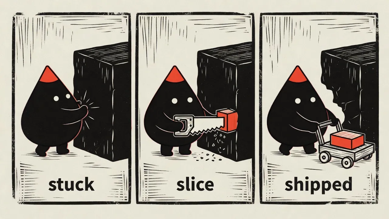 Three-panel woodcut mini-comic: stuck, slice, shipped