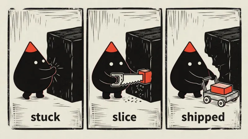 Three-panel woodcut mini-comic: stuck, slice, shipped