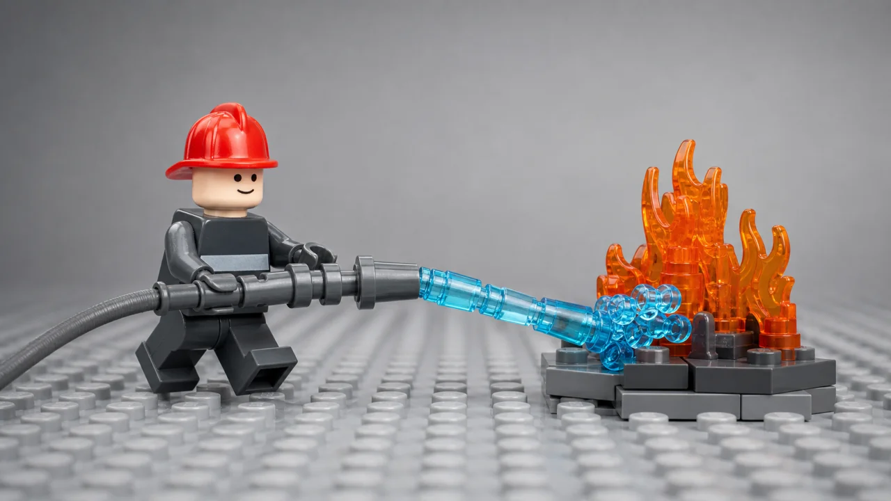 Klaxon the brick firefighter dousing a small fire with a hose on a grey baseplate