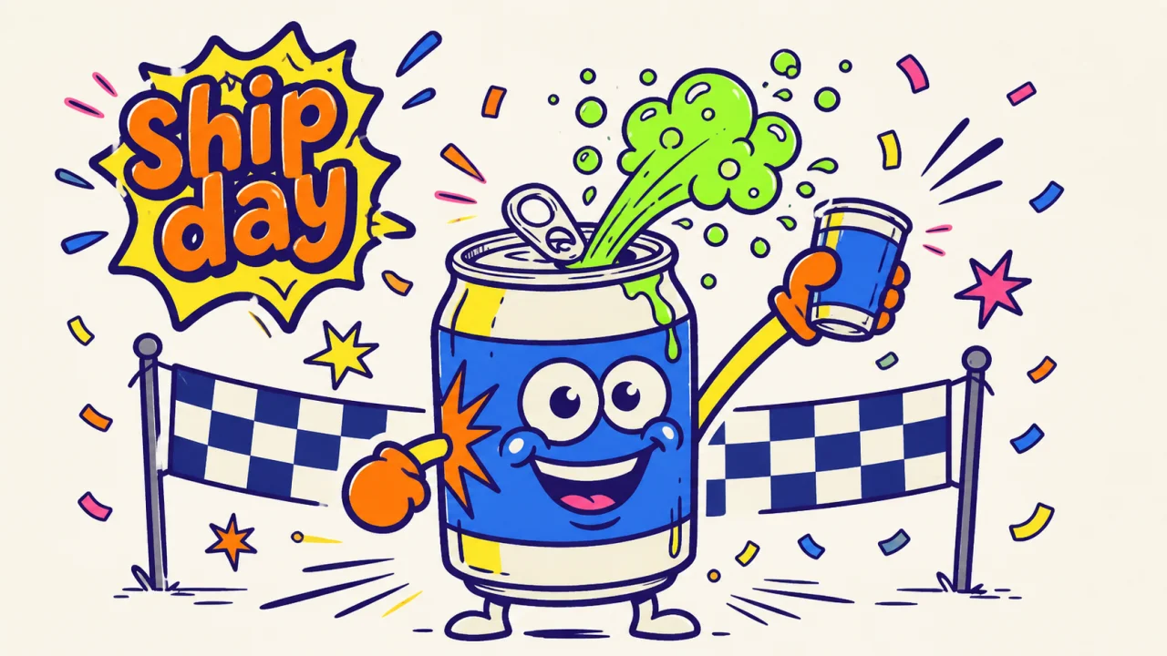 Pop the soda can crossing a ship-day finish line with confetti and a fizz geyser